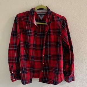 red tommy hilfiger plaid cotton button down
